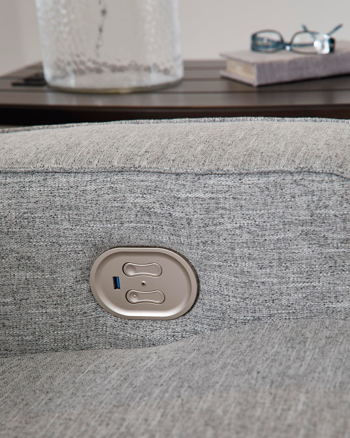 Signature Design by Ashley Biscoe Casual UV Resistant Power Reclining Loveseat with Console, Adjustable Headrest and USB Ports, Light Gray Signature Design by Ashley