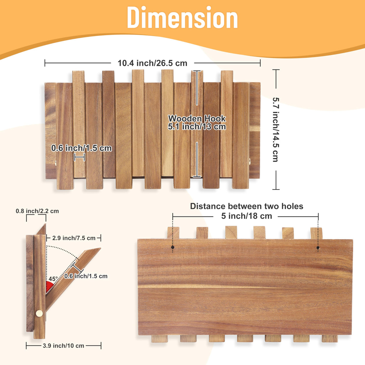 KYIAANY Coat Rack Wall for Farmhouse: Wood Rustic 6 Hooks Mount 10.4inch Retractable Wall Mounted for Small Spaces Entryway Hallway Bathroom for Hanging Jacket Towel Backpack Bag KYIAANY