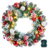 Pre-Lit Artificial Christmas Wreath 24Inch, Christmas Door Decorations Wreath with 50LED Warm Lights, Christmas Balls, Pine Needles, and Red Berries for Front Door Wall Windows X-mas Ornament Minetom