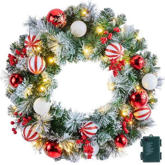 Pre-Lit Artificial Christmas Wreath 24Inch, Christmas Door Decorations Wreath with 50LED Warm Lights, Christmas Balls, Pine Needles, and Red Berries for Front Door Wall Windows X-mas Ornament