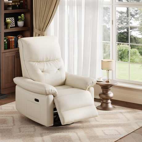 Power Recliner Chair for Adults, PU Leather Swivel Rocker Recliner with Padded Armrests & Side Pocket, Modern Upholstered Reclining Glider Chair for Living Room or Nursery (White) IDEALHOUSE