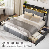 EnHomee King Size Bed Frame with 4 Storage Drawers, Upholstered Platform King Bed Frame and Headboard, King Bed Frame with LED Lights & Charging Station, Noise Free,No Box Spring Needed,Beige, Grey EnHomee