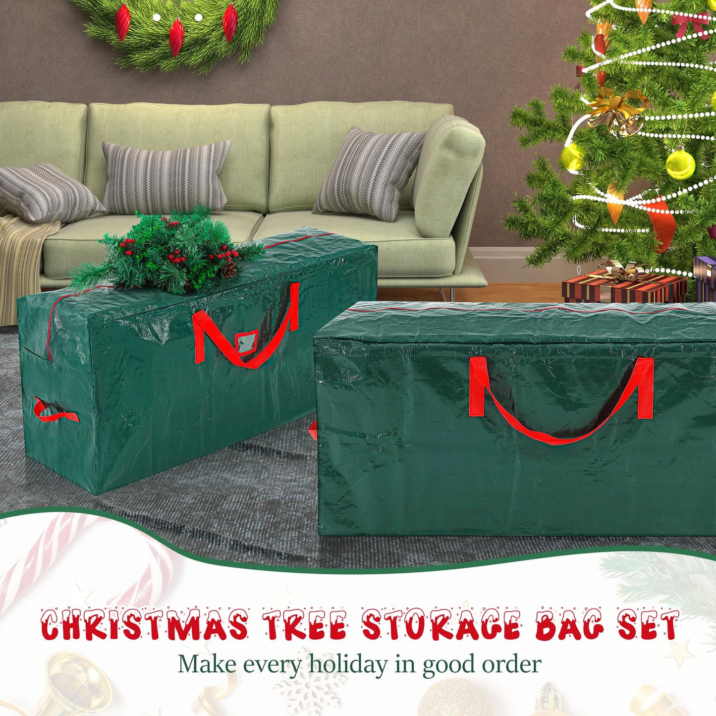 Meonum 2 Pcs Christmas Tree Storage Bags, Waterproof Artificial Xmas Tree Bag with Handles, Christmas Decoration Container with Zipper and Labeling Card Slot(Fit up to 7.5 ft Tall Disassembled Tree)