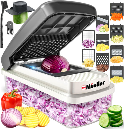 Mueller Vegetable Chopper 9 Blade, Mandoline Slicer, Food Veggie Chopper, Cheese Grater, Onion Vegetable Cutter with Container, Dicer, Kitchen Gadgets & Essentials, White Sand/Grey