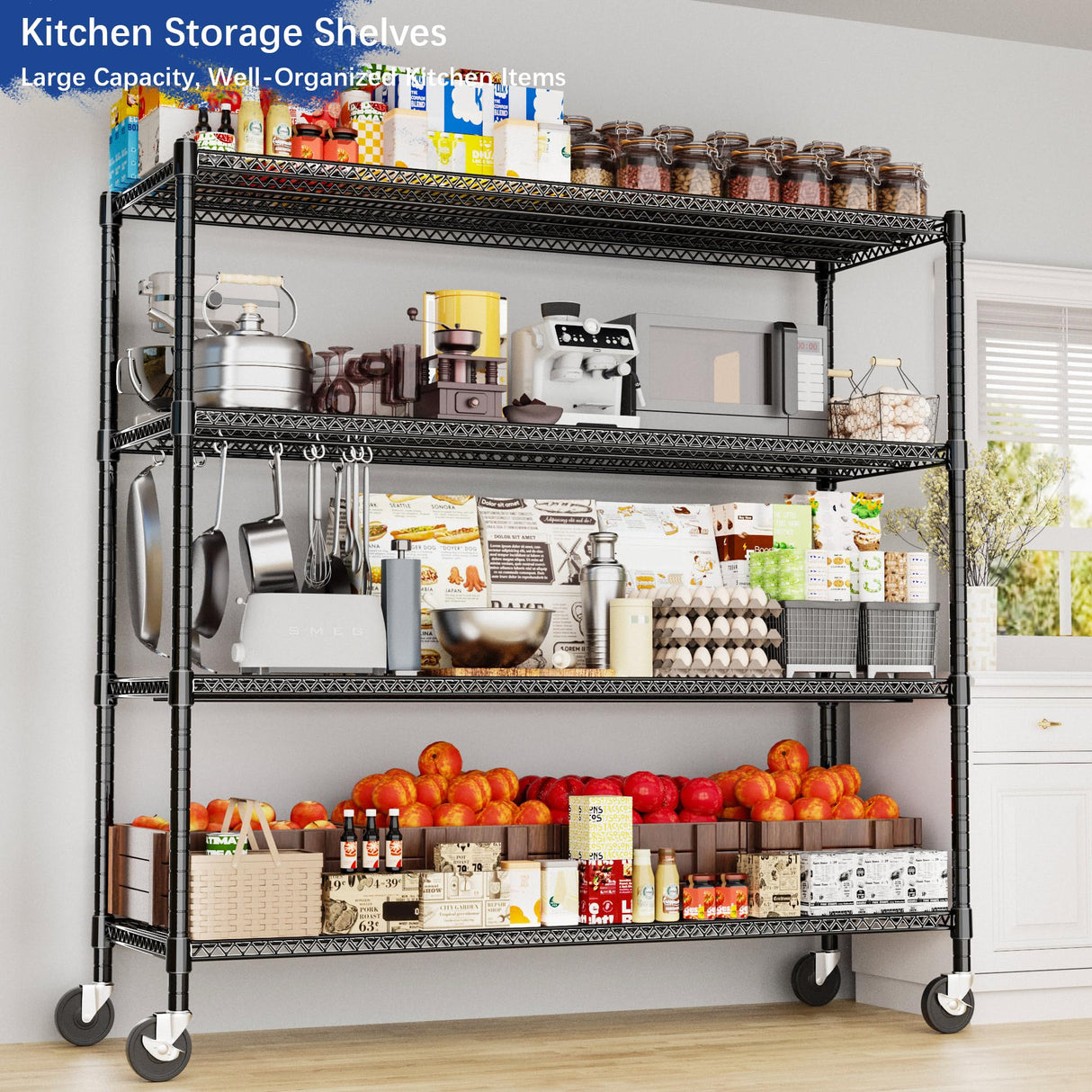 Heavy Duty Shelving, 76.2" H Garage Shelving Unit with Wheels, 4-Tier Garage Storage Shelves Metal Shelves Rack, Adjustable Industrial Shelving for Warehouse Storage, 60" W x 24" D x 76.2" H, Black GIOTORENT
