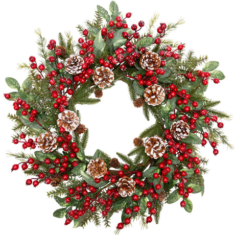VGIA 20 Inch Christmas Wreath for Front Door Snowy Winter Wreath for Christmas Decorations Artificial Door Wreath with Pine Needles Pinecones Red Berries for Wall Window Holiday Party Xmas Decor VGIA