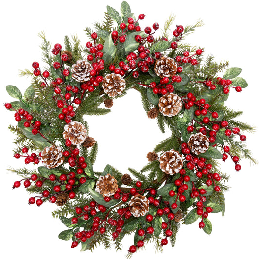 VGIA 20 Inch Christmas Wreath for Front Door Snowy Winter Wreath for Christmas Decorations Artificial Door Wreath with Pine Needles Pinecones Red Berries for Wall Window Holiday Party Xmas Decor