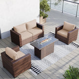 UDPATIO Patio Furniture Set with Fire Pit Table, 4 Pieces Outdoor Furniture Sets, Wicker Rattan Patio Conversation Sets with Outdoor Sofa Waterproof Covers for Porch Deck Backyard, Khaki UDPATIO