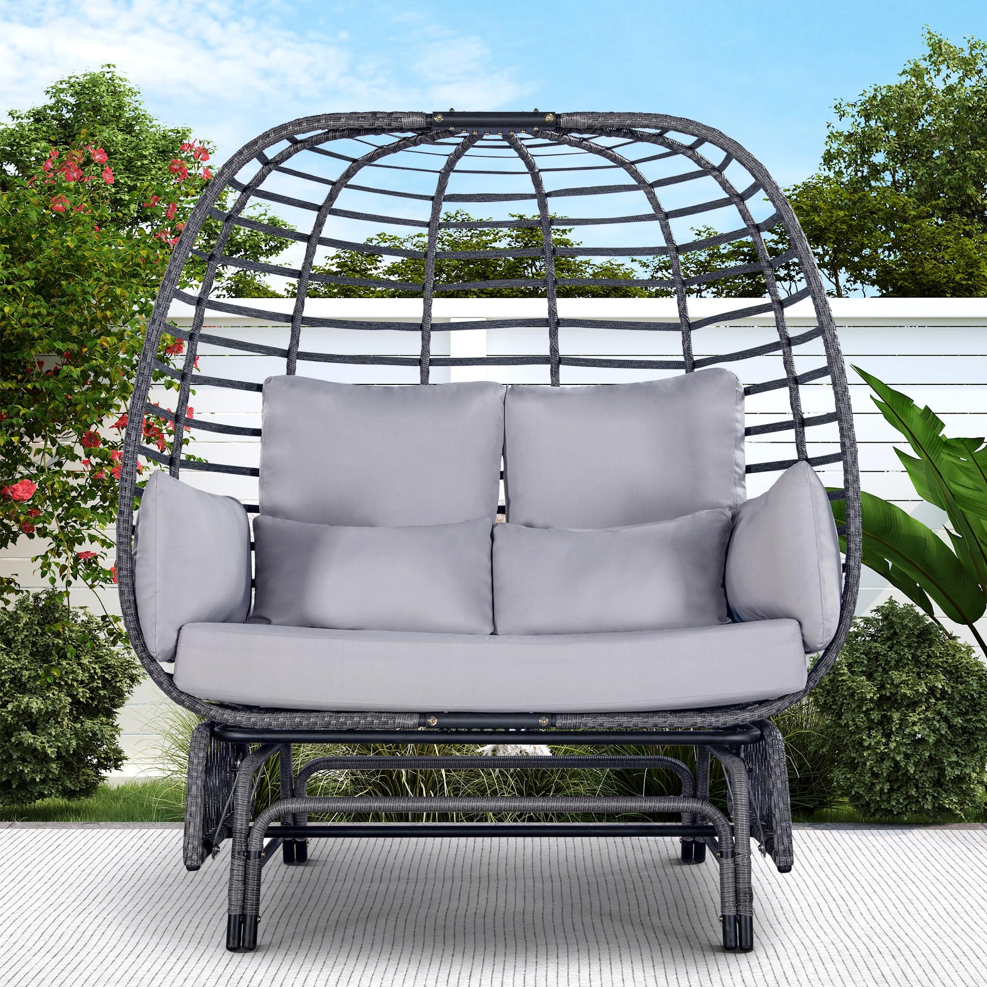 Outdoor Wicker Double Egg Chair, 500lbs Capacity for 2 Person, Patio Rocking Gliding Chairs with Steel Stand, Hand-Woven Oversize Rattan Nest Loveseat for Living Room Indoor, Porch, Backyard, - WoodArtSupply