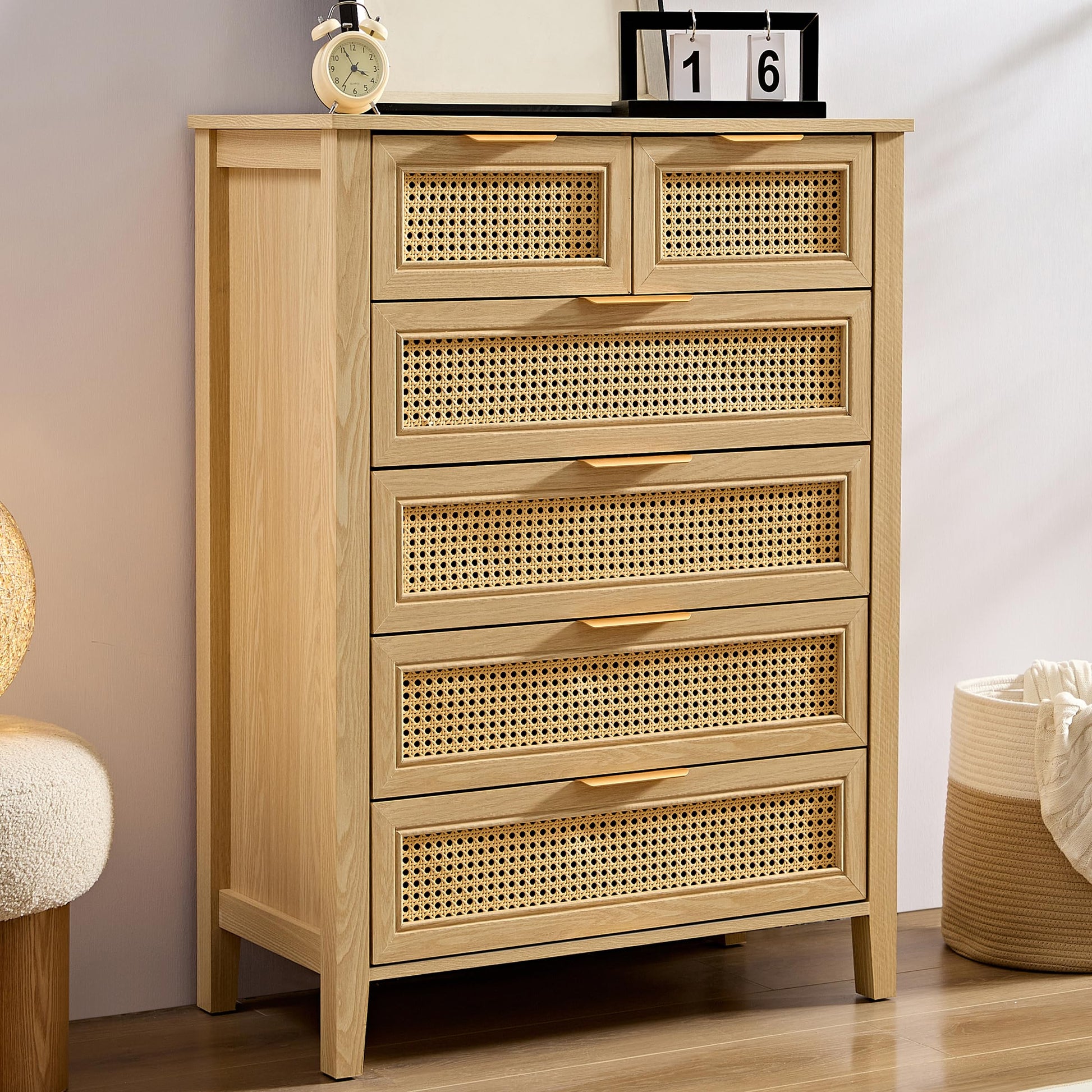 BOSHIRO Dresser for Bedroom, 6 Chests of Drawers, Natural Wood Rattan Drawer Dresser, Tall Dresser Modern 6 Drawer Dresser with Rattan Drawer for Closet, Home Office - WoodArtSupply