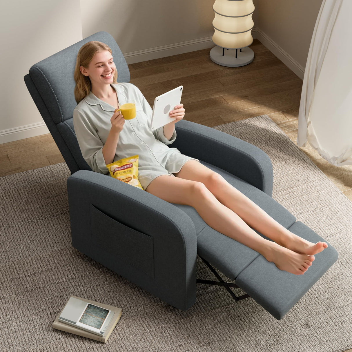 GarveeHome Linen Fabric Manual Recliner Chair, with Side Pocket, High Backrest, Thick Cushion, Adjustable Push Back Recliner,Cozy Lounge Chair for Living Room, Home Theater, Bedroom, Dark Gray GarveeHome