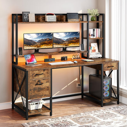 YITAHOME Computer Desk with Drawers & Hutch, 59.1" Office Desk with LED Lights & Power Outlets, Gaming Desk with Monitor Stand & Storage Shelves, Rustic Brown