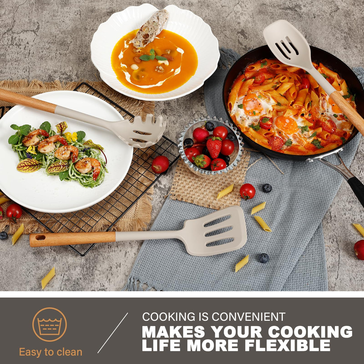 QMVESS Large Silicone Cooking Utensils Set 7 Pcs Heat Resistant Kitchen Utensils Set Food Grade Silicone and Wooden Handles Spatula Soup Ladle Pasta Server Kitchen Scissors BPA Free (Khaki) QMVESS