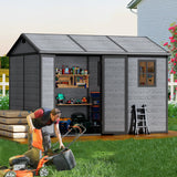 10x8 FT Resin Outdoor Storage Shed with Floor, Weather-Resistant Plastic Garden Shed with Windows, Lockable Door and Vents, Outside Tool Storage Sheds for Backyard, Garden, Lawn, Wood Grain Pipleo
