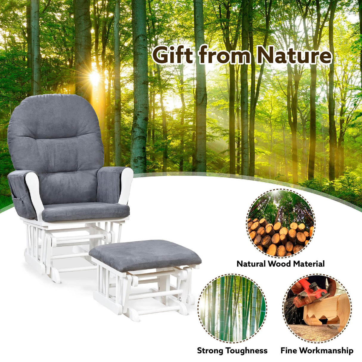 Naomi Home Nursery Glider Ottoman Sets Reclining Glider Rocker with Ottoman Nursery Rocking Breastfeeding Maternity Chair for Baby Room Recliner with Padded Arms - White Dark Gray Naomi Home