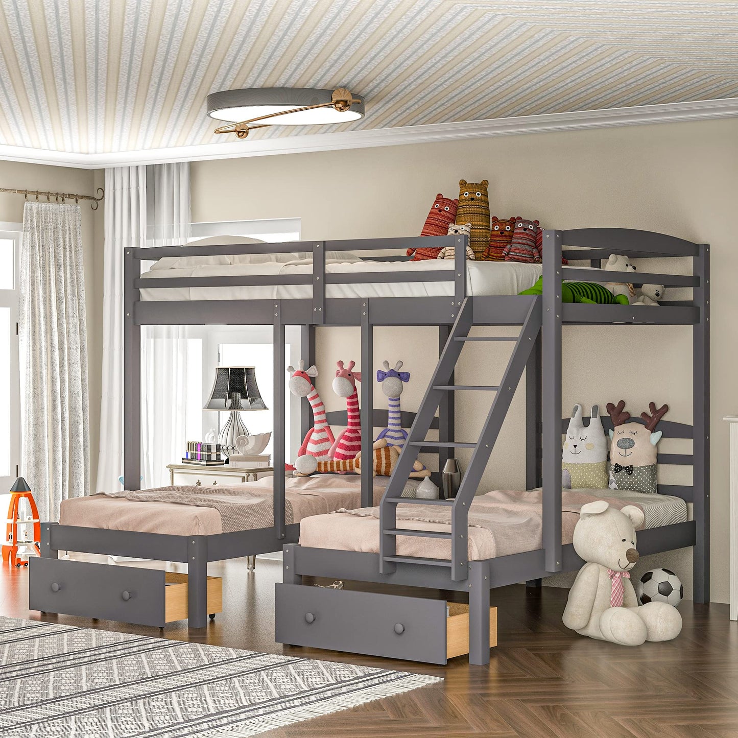 Wood Triple Bunk Beds with Storage Drawers, Full Over Twin & Twin Bunk Bed for 3, Multifunctional Bunk Bed Frame for Kids Teens Adults No Box Spring Needed (Gray)