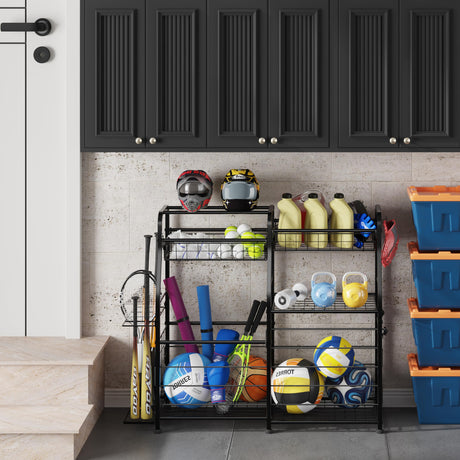 LUMAMU Garage Organizer - Sports Equipment Organizer Rack, Ball Storage Rack, Garage Organizer System for Sports Gear and Toys, Indoor/Outdoor Ball and Toy Storage, Black LUMAMU