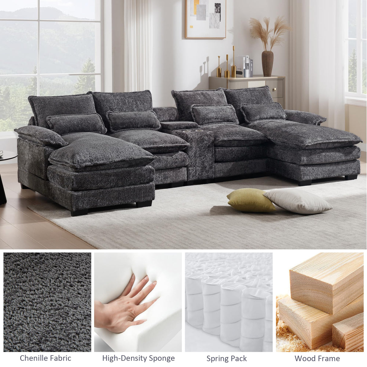 Suheww U Shaped Modular Sectional Sofa, 124.8" Cloud Couch for Living Room, Grey Fluffy Chenille Couch with Console Cupholders and USB Port Comfy Sofas for Apartment Studio Office Suheww