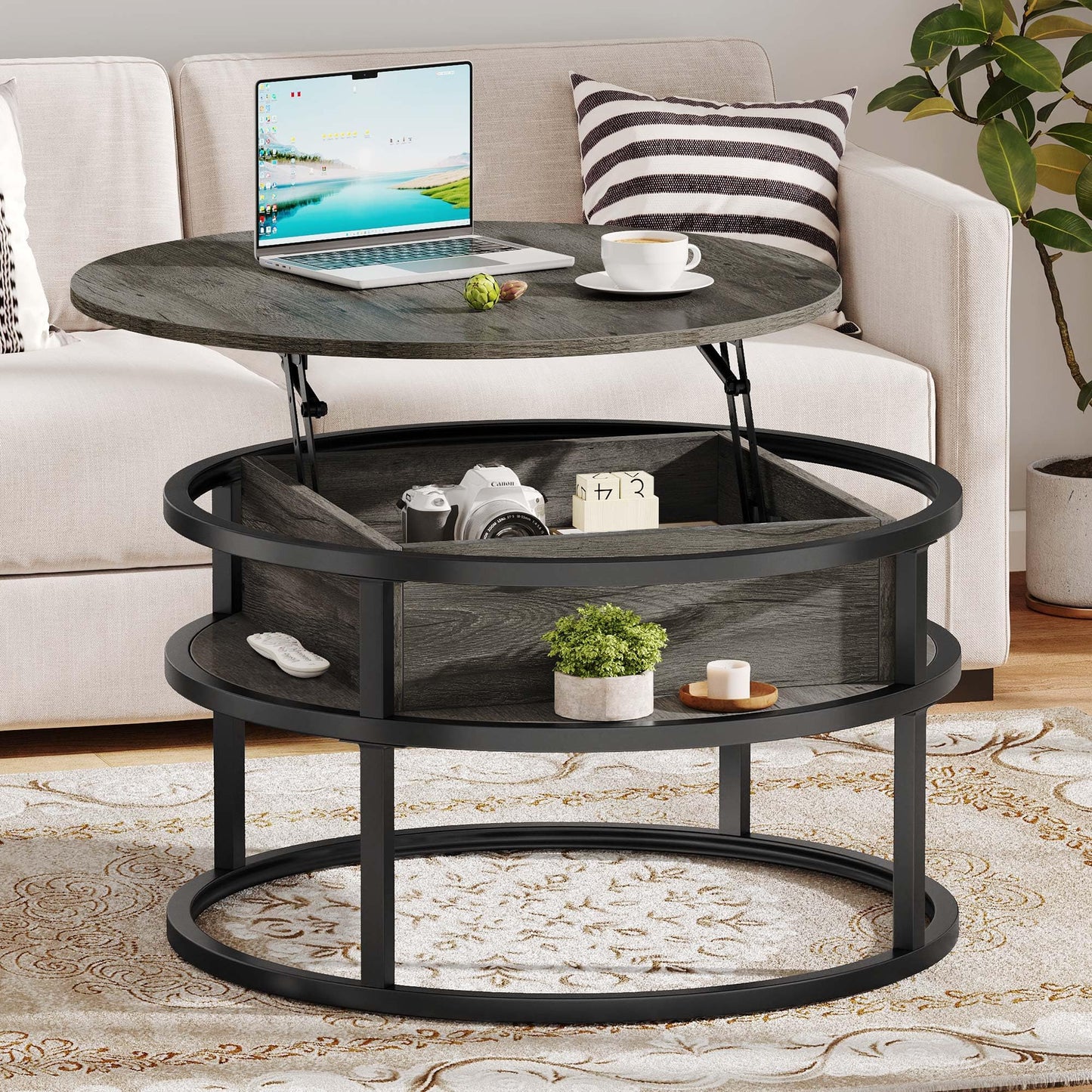 YITAHOME Round Lift Top Coffee Table, Coffee Tables for Living Room with Hidden Storage Compartment, Modern Coffee Table with Storage for Home Office,Round Center Tables Living Room, Grey - WoodArtSupply