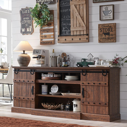 OKD 75" Sideboard Buffet Cabinet with Storage, Farmhouse TV Stand w/Sliding Barn Door, Rustic Long Coffee Bar, Large Buffet Table for Dining Room, Kitchen and Living Room, Reclaimed Barnwood - WoodArtSupply