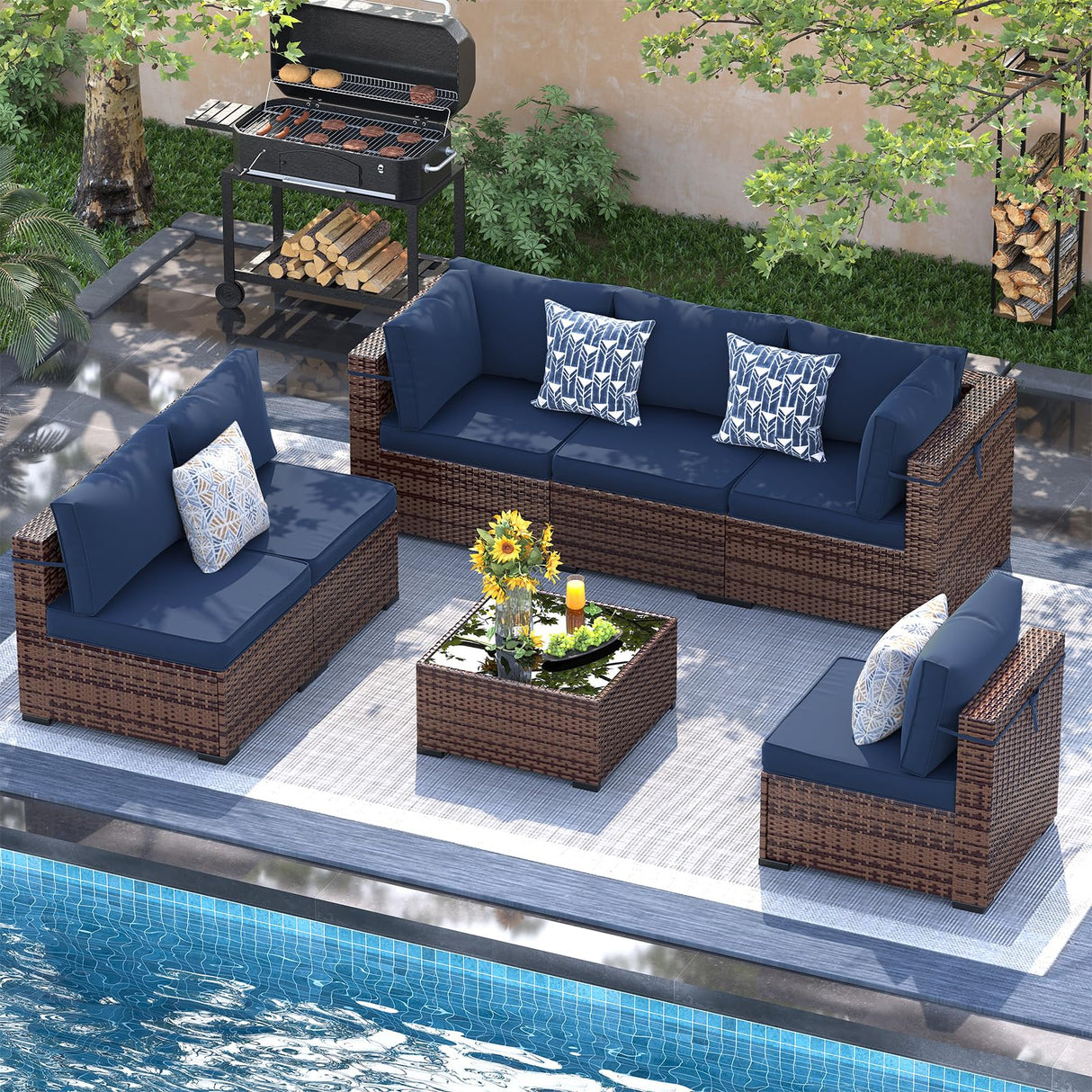 UDPATIO Patio Furniture Set, 7 Piece Outdoor Sectional Sofa, Modular Wicker Outdoor Furniture Conversation Sets with Waterproof Cover for Backyard Deck(Brown/Navy Blue) UDPATIO