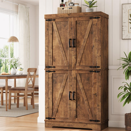 Jocoevol Pantry Cabinet, 68'' Kitchen Pantry Storage Cabinet with 4 Doors and Adjustable Shelves, Farmhouse Tall Food Large Wood Pantry Storage Furniture for Kitchen Dining Room, Brown Jocoevol