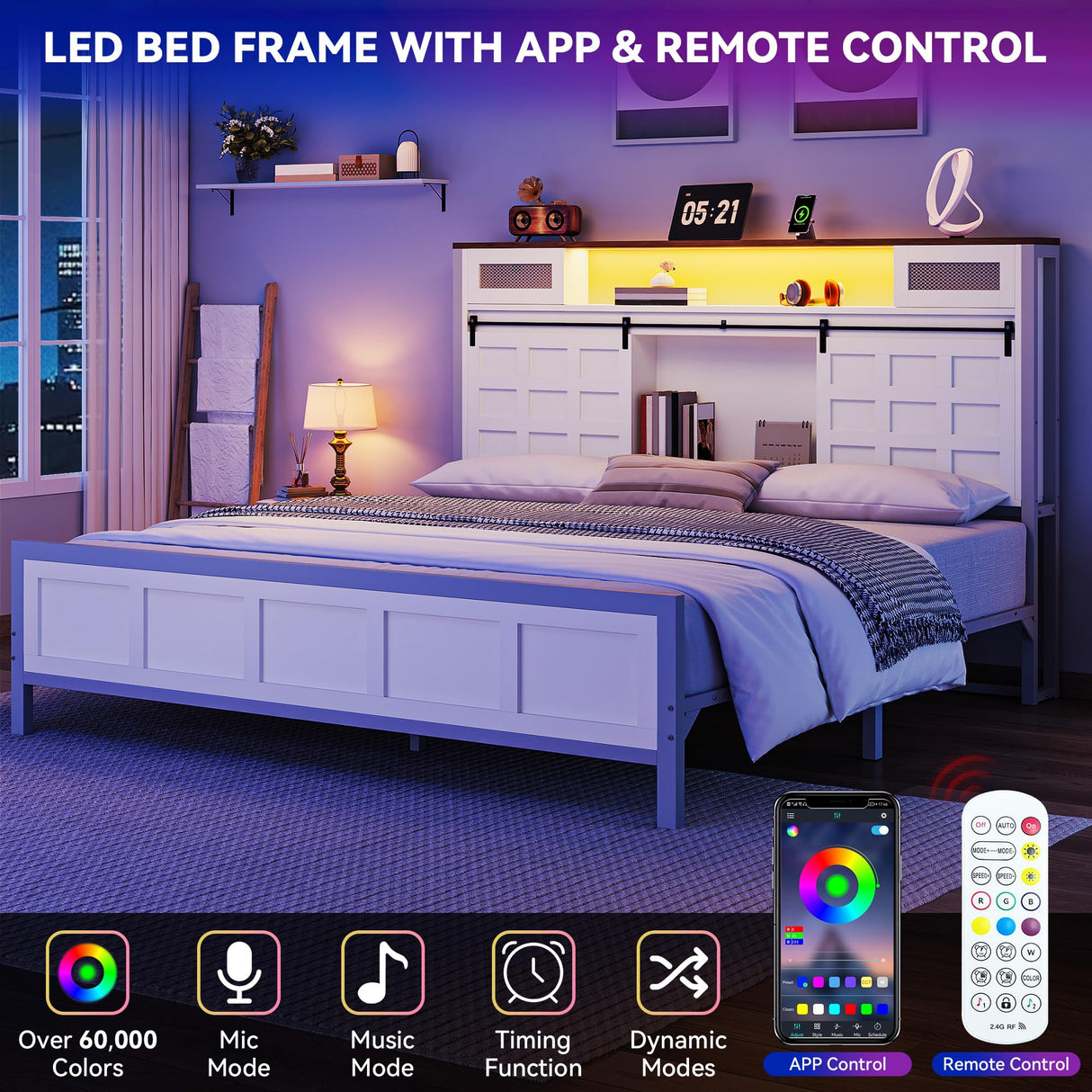 YITAHOME King Size Bed Frame Farmhouse with 49.14" Tall Storage Headboard, Charging Station & Led Light, Sliding Barn Door, Wooden Platform Bed Frame, Metal Slats Support, No Box Spring Needed, White YITAHOME