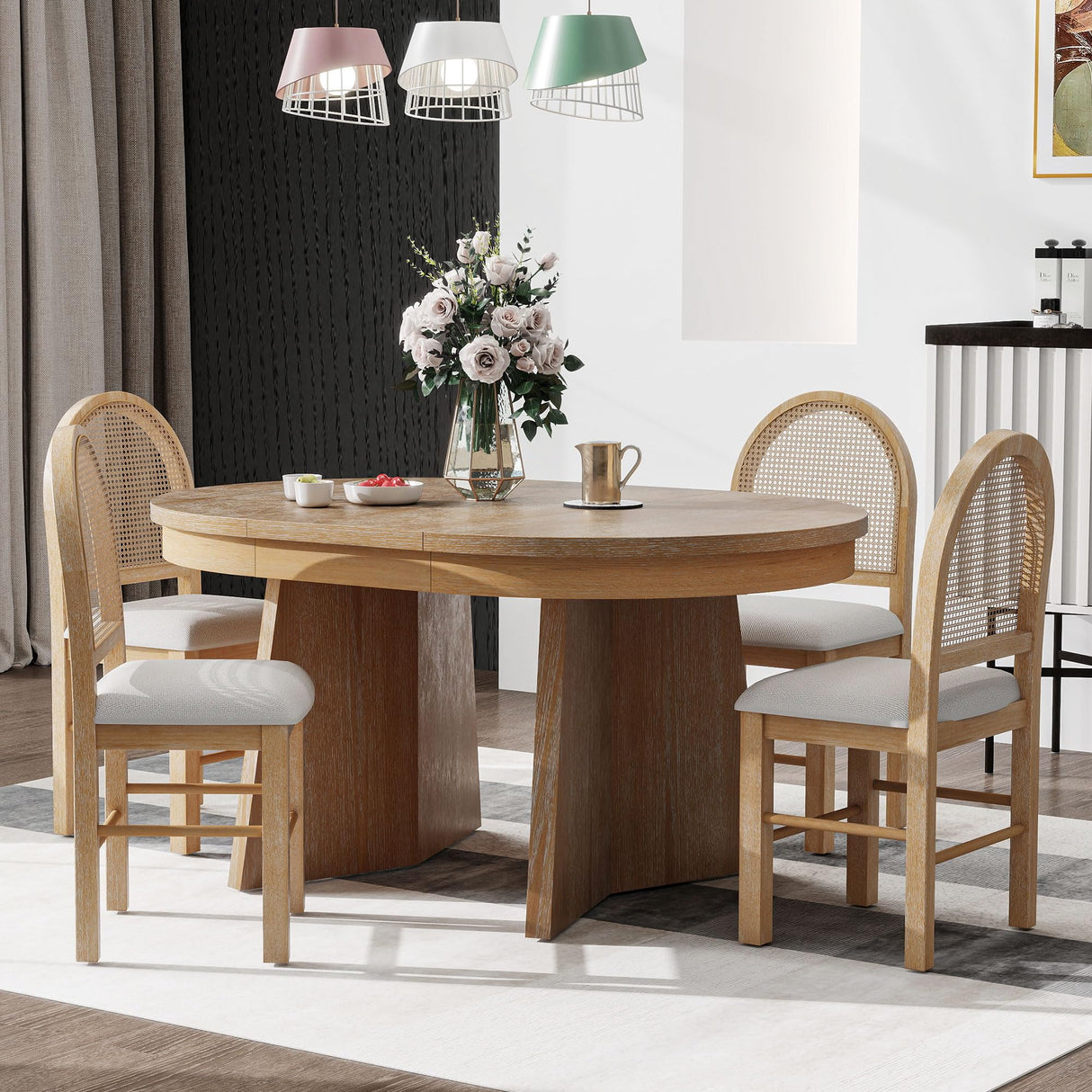 Harper & Bright Designs 5-Piece Extendable Dining Table Set, Functional Round Dining Table and 4 Upholstered Chairs with Rattan Backrests for Dining Room and Kitchen (Natural Wood Wash) Harper & Bright Designs