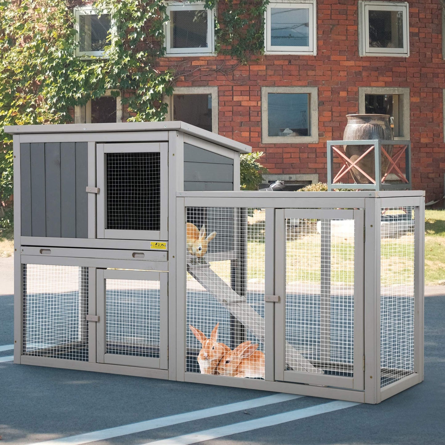 COZIWOW Assembled 54Inch Wooden Large Rabbit Hutch Indoor with Run Durable 2 Story Small Animal House Habitat, Pet Bunny Cage Outdoor with Cleaning Tray, for Bunny Chick Duck Hamster (Grey) - WoodArtSupply