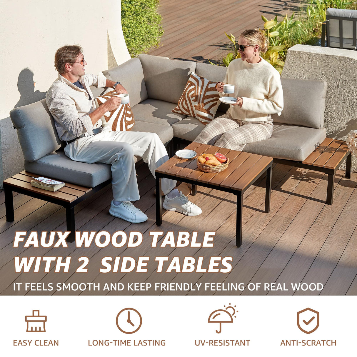 NATURAL EXPRESSIONS Patio Furniture Sets, Metal Outdoor Sectional L Shape Corner Sofa Outdoor Couch with Detachable Backrest,3 Fauxwood Tables,Black Frame,Shale Olefin Cushions for Yard,Garden NATURAL EXPRESSIONS