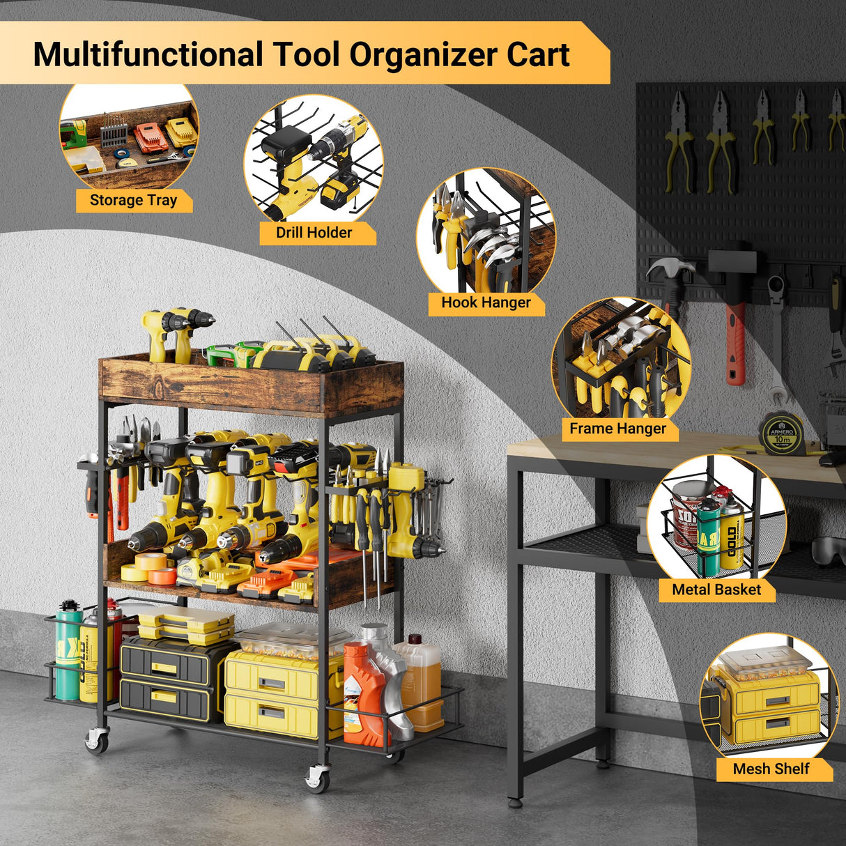 Dunatou Power Tool Organizer Cart Heavy Duty 4 Tier Rolling Tool Cart Garage Storage with Drill Rack Shelf Open Tool Chest Organizer with Wheels Workshop and Garage Ideas for Men or Dad Dunatou