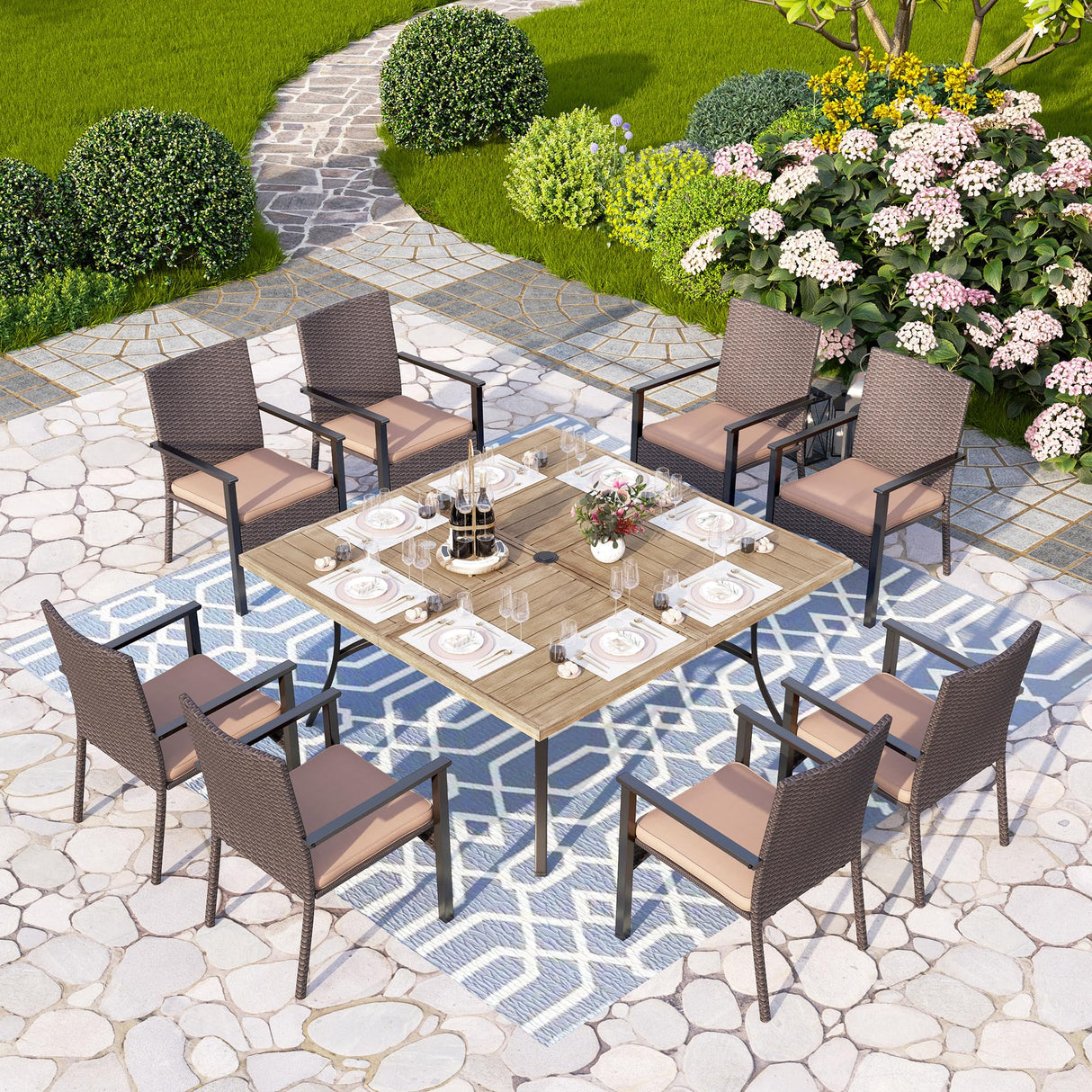 PHI VILLA 9 Pieces Patio Dining Set for 8, 60” Wood-Like Large Square Metal Steel Dining Table & Rattan Wicker Chairs with Cushions, Outdoor Dining Furniture for Deck, Yard, Porch PHI VILLA