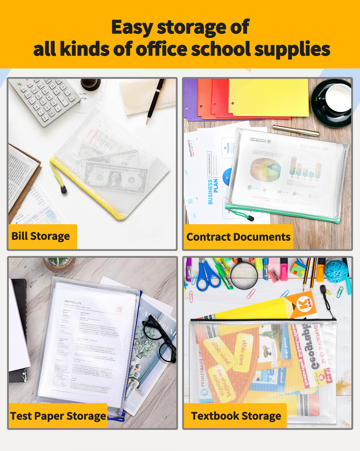 SUNEE Plastic Mesh Zipper Pouch 11x16 in (6 Colors, 18 Packs),Extra Large Water-Resistant Zip Bag for School Office Supplies, Puzzles & Games Organizing Storage SUNEE