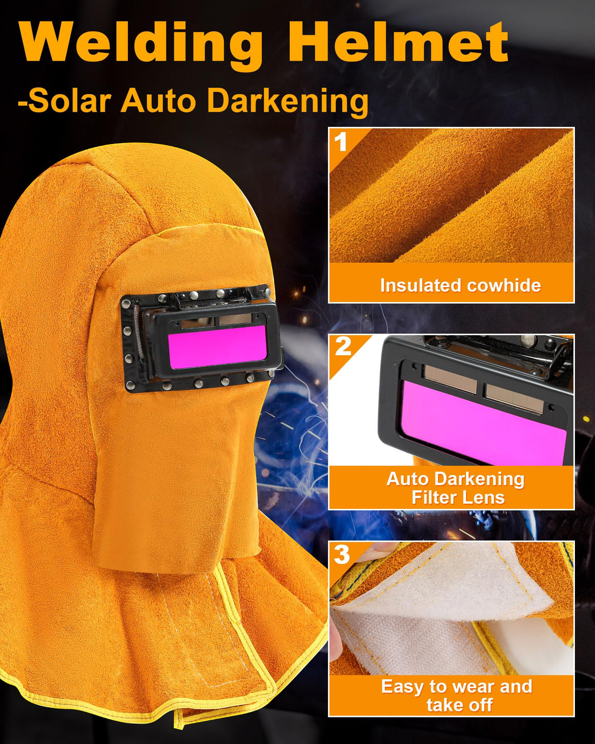 Jecery 5 Pcs Welding Flame Resistant 5 in 1 Set Include Cowhide Leather Welding Apron Welding Gloves Welding Sleeves Welding Spats Boot Covers Welding Hood with Light Lens and Neck Shoulder Protection Jecery