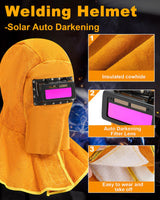 Jecery 5 Pcs Welding Flame Resistant 5 in 1 Set Include Cowhide Leather Welding Apron Welding Gloves Welding Sleeves Welding Spats Boot Covers Welding Hood with Light Lens and Neck Shoulder Protection Jecery