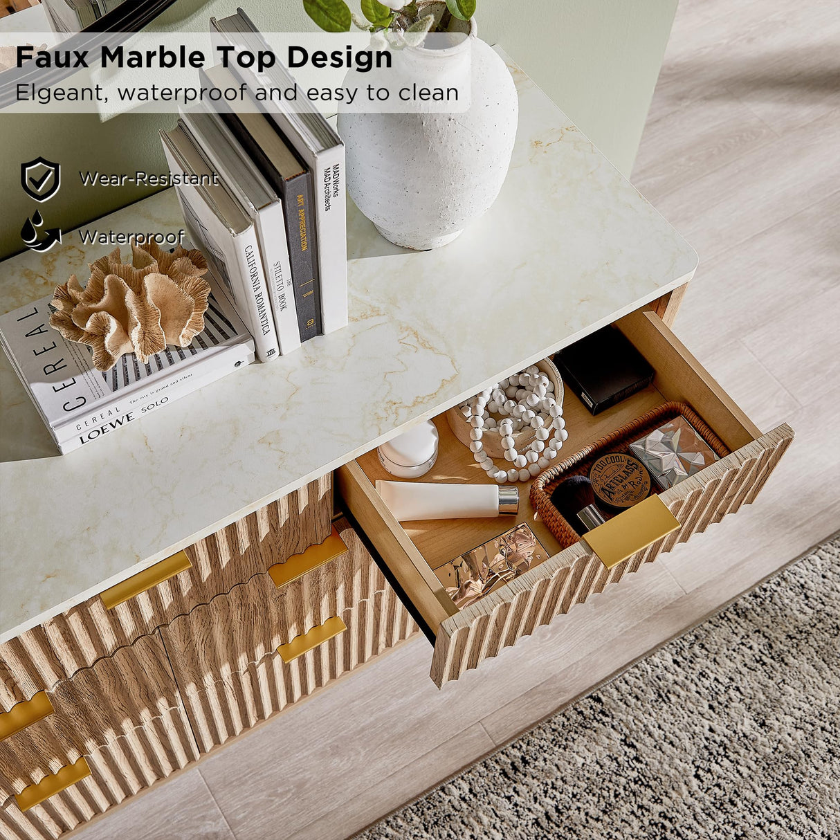 T4TREAM Fluted 7 Drawers Dresser, 54" Wide Modern Chest of Drawers with Faux Marble Top, Curved Profile Design, Dresser TV Stand, Wood Drawer Organizer for Bedroom, Living Room, Hallway, Natural Oak T4TREAM