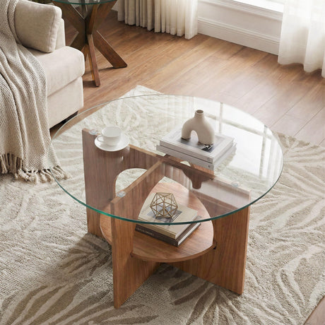 YITAHOME Round Coffee Table, 2-Tier Glass Coffee Tables with Storage, Multi-Purpose Modern Center Table or Cocktail Table for Living Room, Office, Lounge, Walnut YITAHOME
