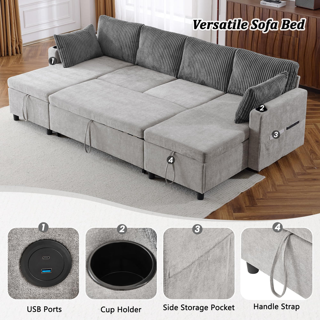 Merax Pull-Out Sofa Bed Sleeper Pull Out Sectional Couch with Storage, USB, Cup Holder for Apartment Living Room, Gray Merax