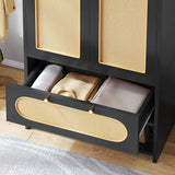 DWVO Rattan Armoire Wardrobe Closet - 70" Tall Rattan Armoire Closet with Doors, Large Storage Cabinet with Drawers & Hanging Rod/Bedroom Armoire - Black DWVO