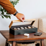 CASE ELEGANCE Two-Toned Pine and Black Base with Modern Aluminum Handle 6-Slot Watch Box with Real Glass CASE ELEGANCE