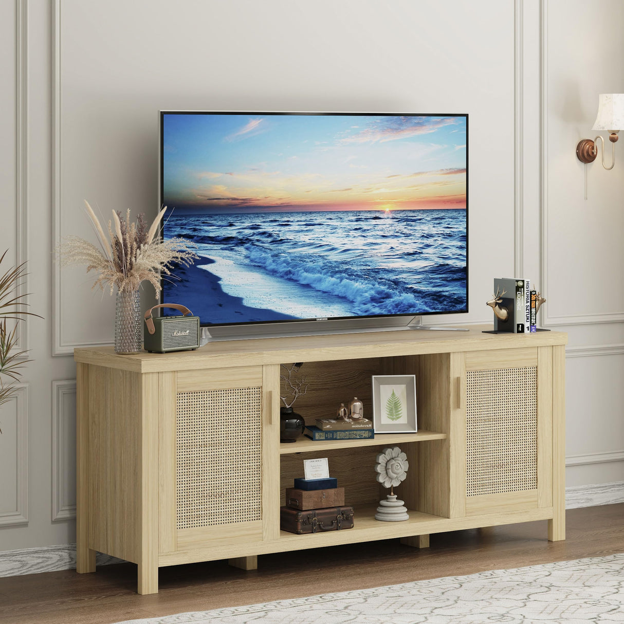 TV Stand for 65 inch TV, Modern Mid Century Entertainment Center with Storage, Media Consol with Natural wood rattan Door Cabinets and Open Shelves, Wooden, for Living Room, Bedroom, MLTV21YR MMEOLUOOK