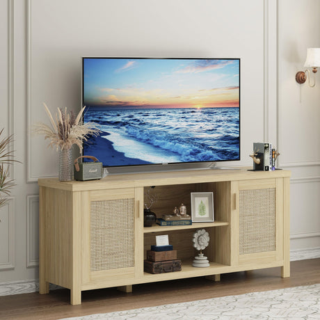 TV Stand for 65 inch TV, Modern Mid Century Entertainment Center with Storage, Media Consol with Natural wood rattan Door Cabinets and Open Shelves, Wooden, for Living Room, Bedroom, MLTV21YR MMEOLUOOK