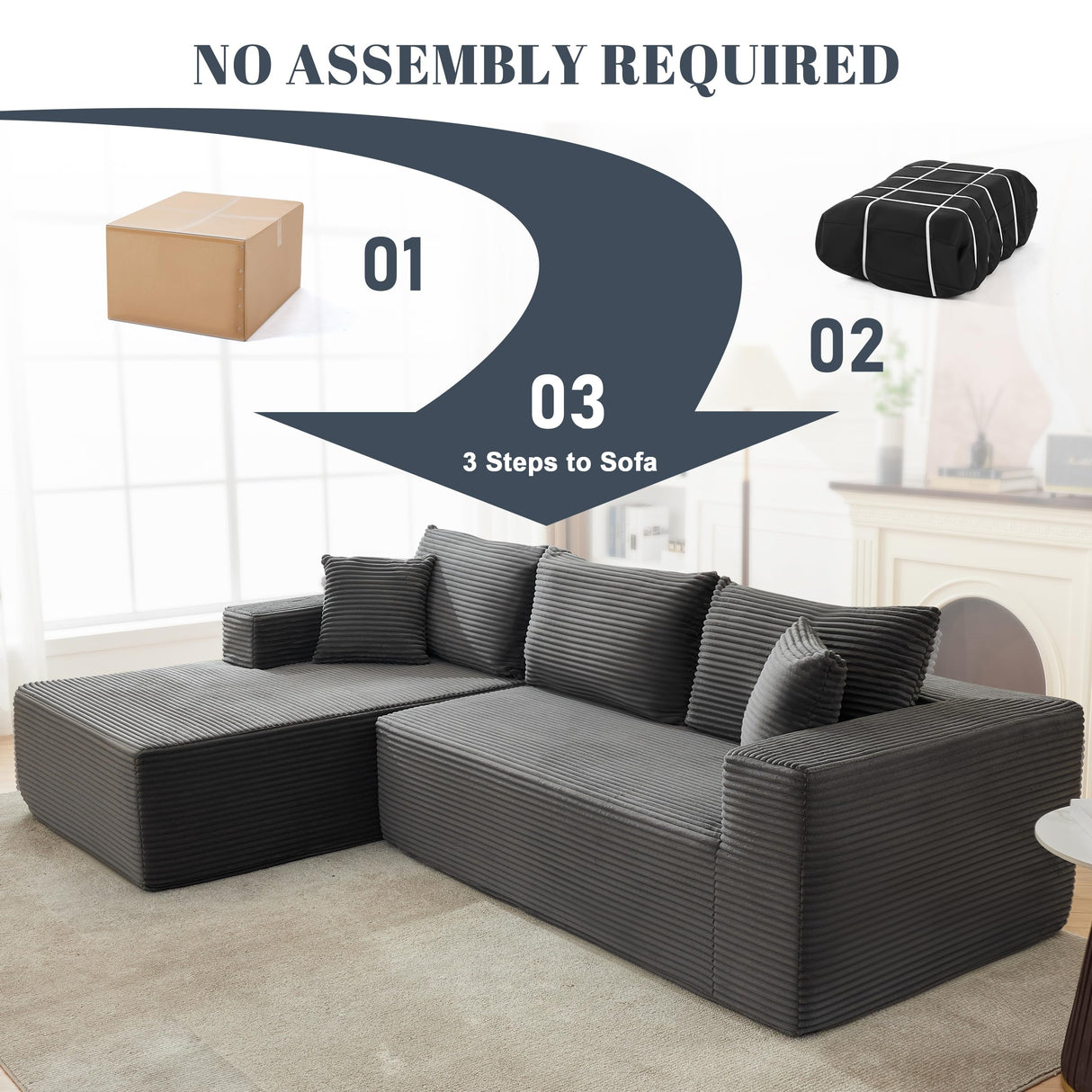 MANGODAN 110” Cloud Sectional Couch, Boneless Sofa for Living Room, Modular Sectional Sofa with Deep Seat, Comfy Fluffy Couch with L-Shaped Chaise, No Assembly Required (Left-Facing Chaise, Dark Grey) Mangodan