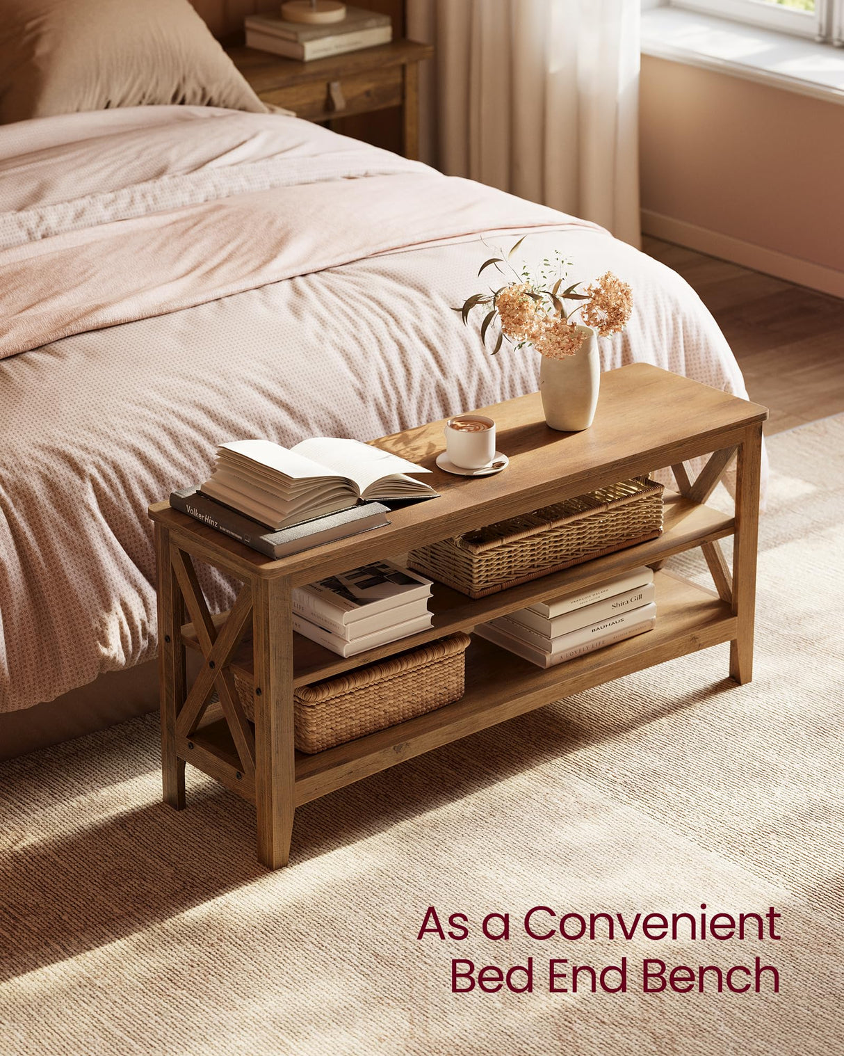 VASAGLE, Entryway Storage Bench, 2-Tier Shoe Rack, 11.8 x 39.4 x 18.9 Inches, Holds up to 600 lb, Farmhouse Style, for Living Room, Bedroom, Honey Brown ULSB153K41 VASAGLE