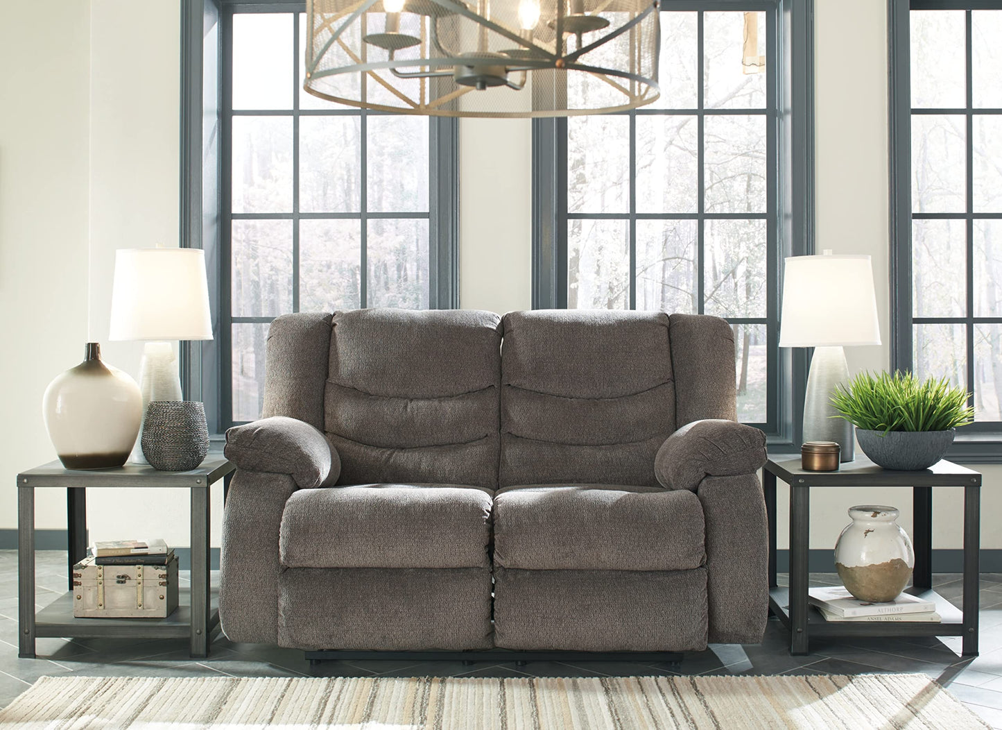 Signature Design by Ashley Tulen Modern Manual Pull Tab Reclining Loveseat, Dark Gray