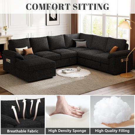 SUAWY 108 Inch Modular Sectional Sofa with Pull Out Bed, U Shaped 7 Seat Sectional Sleeper Sofa with Storage, Sectional Couches for Living Room,Cloud Modular Couch, Removable Sofa Cover, Black SUAWY