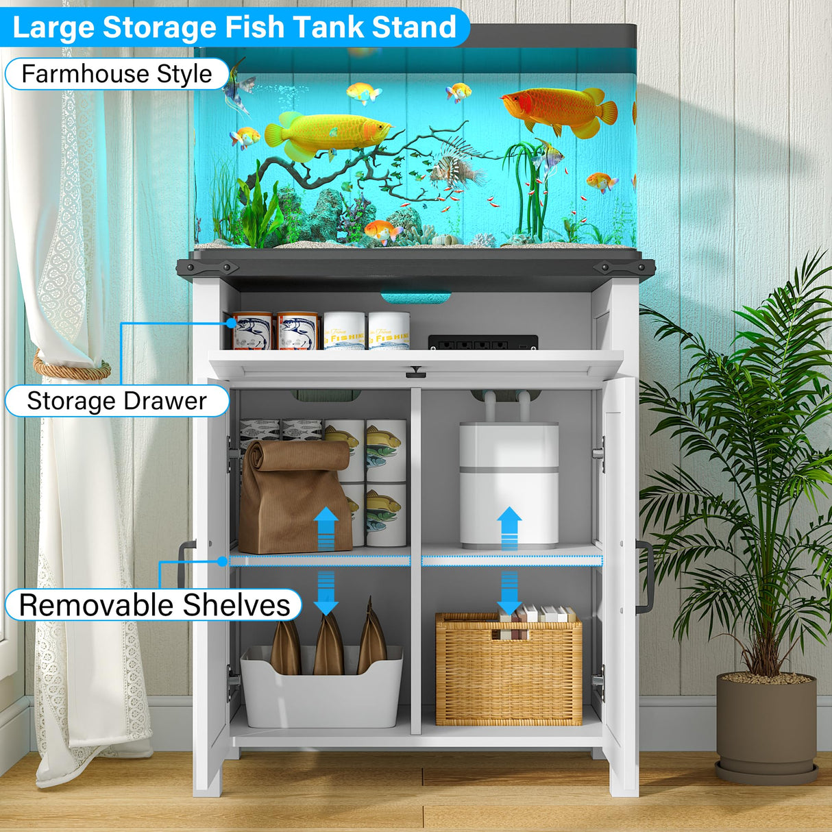 kepptory 20 Gallon Fish Tank Stand with Power Outlets, Farmhouse Decorative Aquarium Stand Furniture with Adjustable Shelves, 10-20 Gallon Reptile Turtle Tank Stand with Cabinet Storage (White, 20GL) kepptory