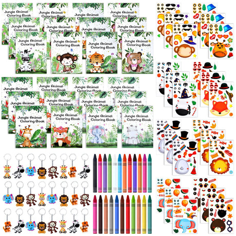 Tenceur 96 Pcs Jungle Safari Party Favors Set for Kids Baby Supplies Include Animals Coloring Books, Crayons, Zoo Safari Sticker, Jungle Keychain for Baby Shower Filler Classroom Decorations Tenceur