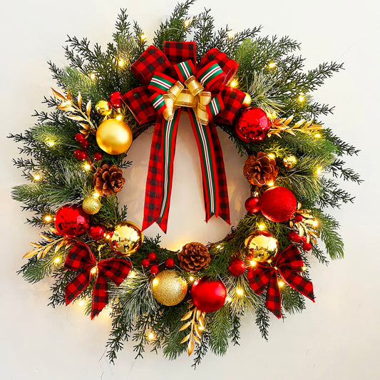 Christmas Wreath with Lights 20 Inch Pre-Lit Christmas Door Wreath for Front Door with Red Plaid Bow and Ball Ornaments, Battery Operated Timer 40 LED Lights, Holiday Decoration for Fireplace Xmas