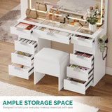 YITAHOME LED Makeup Vanity Table, Glass Top Vanity Desk with Hidden Storage Stool, Vanity with Built-in Power Outlets and USB Ports YITAHOME